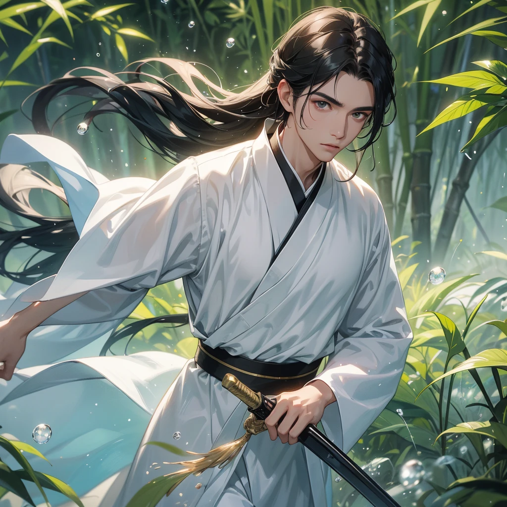 A Handsome black-hair male holding a large sword in white hanfu dress, close up.
The back is a lush green bamboo forest. The air after rain has water droplets splashing around.