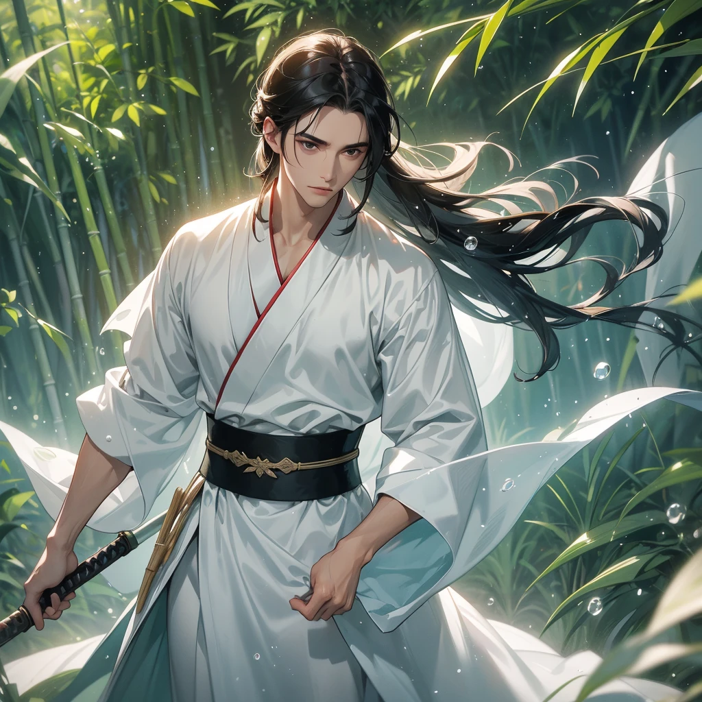 A Handsome black-hair male holding a large sword in white hanfu dress, close up.

The back is a lush green bamboo forest. The air after rain has water droplets splashing around.