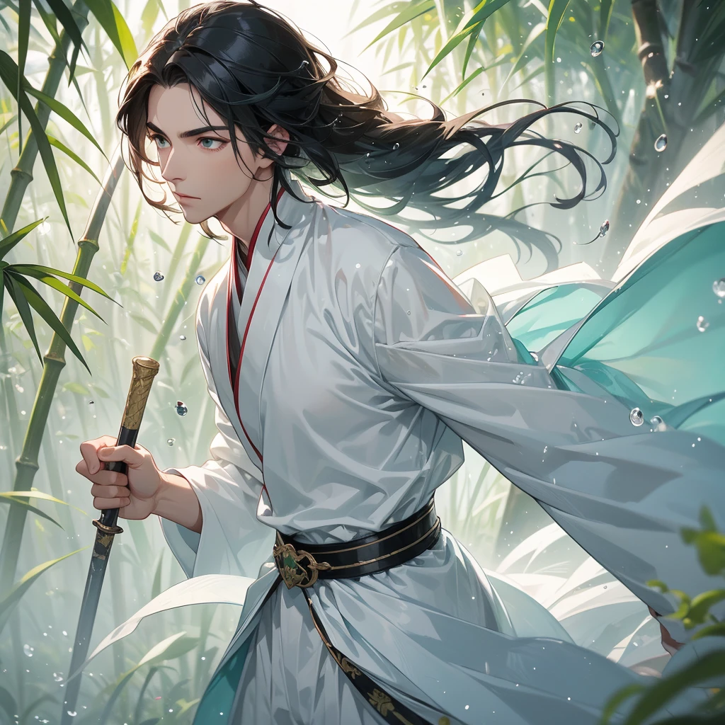 A Handsome black-hair male holding a large sword in white hanfu dress, close up.
The back is a lush green bamboo forest. The air after rain has water droplets splashing around.