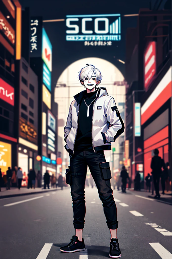 ((masterpiece)), (((best quality))), chromatic lighting,
colorized, white + black limited color palette,
detailed concept drawing, no weird object on his face, cyberpunk, futuristic, combat pants, casual jacket,
portrait, 25yo 1guy, slender, Shibuya street fashion, short white hair, black eyes, full body(head to toe), smiling