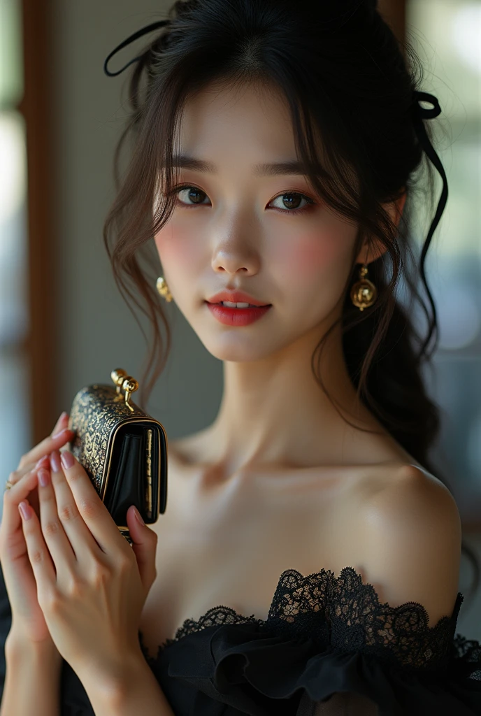 Close-up of a woman in a black dress, holding a purse, White lace trim, Played by Yang J, Korean fashion model, Black lace, elegant corset, Lace dress, ulzzangs, Lace by Ni Tian, Lace bow, Exudes sexiness (8x), Come to the creek, Dreamy, Ethereal, Dark, Smiling, Sexy style, Charming lady, Mall. (Best quality, 4K, 8K, A high resolution, Masterpiece:1.2), Ultra-detailed, Realistic, hdr, Studio lighting, a professional shot of, Vibrant colors,Hair ribbon, Bokeh, Lace details, Sharp focus, Physically-based rendering.