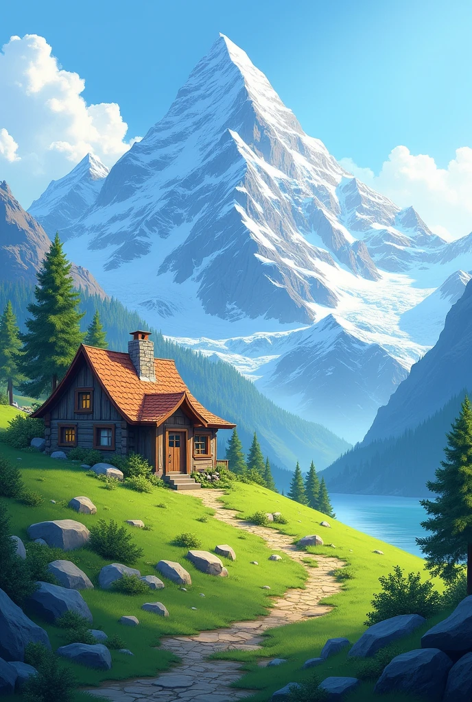a house sitting on top of a lush green hillside, a picture, by Karl Stauffer-Bern, icy mountains in the background, 9gag, hut, best on adobe stock, abcdefghijklmnopqrstuvwxyz, grand majestic mountains, beautiful aesthetic, on a bright day, tiny house, avatar image, by joseph binder