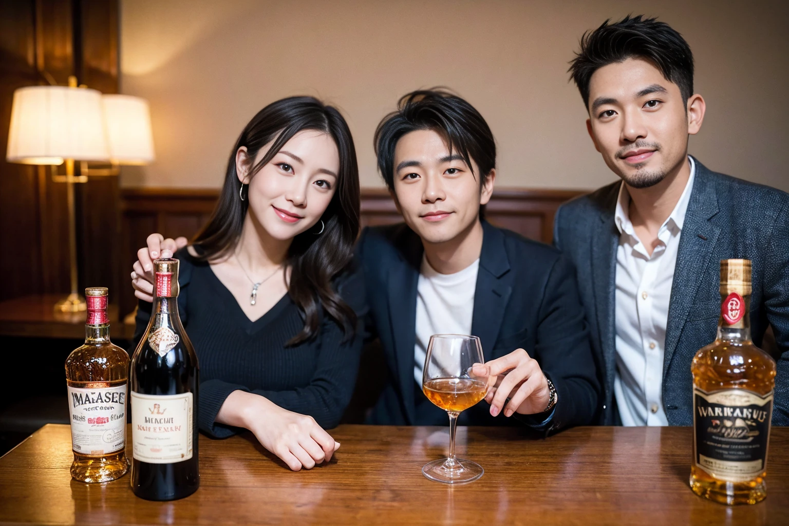 ((Highest quality、8k、masterpiece:1.3))、Slim Couple、Whiskey lover、Ichiro&#39;malt、Bourbon、scotch、(Realistic, Intricate details:1.2), full-course dinner、Whiskey bottle and glass on the table、シングルmalt、scotch、Rocks glass、Shot Glass、On the rock、Scotland、Amazing view of the sunset sky and clouds、A bright smile、The wonderfulness of smile、 Beautiful Face, blue eyes, The light shines on your face, blush, short hair,Bright Face、 (Age 37), 3,Two beauties、Brown Hair、Shortcuts、Long sleeve shirt、dress、Beautiful woman 1, (Slim face), (The body is スリム),、restaurant, (smile: 1.15), Beautiful fine grain, Depth f/2,saturation, High Contrast, Strong light and shadow,Moist Body:1.5、3D texture、