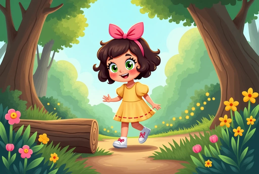 Character: Ellie, a  girl Appearance: Ellie has short, curly brown hair with a pink bow on the side, large curious green eyes, a round face with freckles, and a joyful smile. She wears a light yellow dress with puffed sleeves and white shoes. A cartoon vector illustration of Ellie walking along a winding path in the forest, surrounded by tall trees and vibrant flowers, in a 2.5D style. Ellie is carefully stepping over a log, with a determined expression on her face.