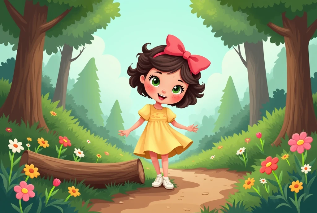 Character: Ellie, a girl Appearance: Ellie has short, curly brown hair with a pink bow on the side, large curious green eyes, a round face with freckles, and a joyful smile. She wears a light yellow dress with puffed sleeves and white shoes. A cartoon vector illustration of Ellie walking along a winding path in the forest, surrounded by tall trees and vibrant flowers, in a 2.5D style. Ellie is carefully stepping over a log, with a determined expression on her face.
