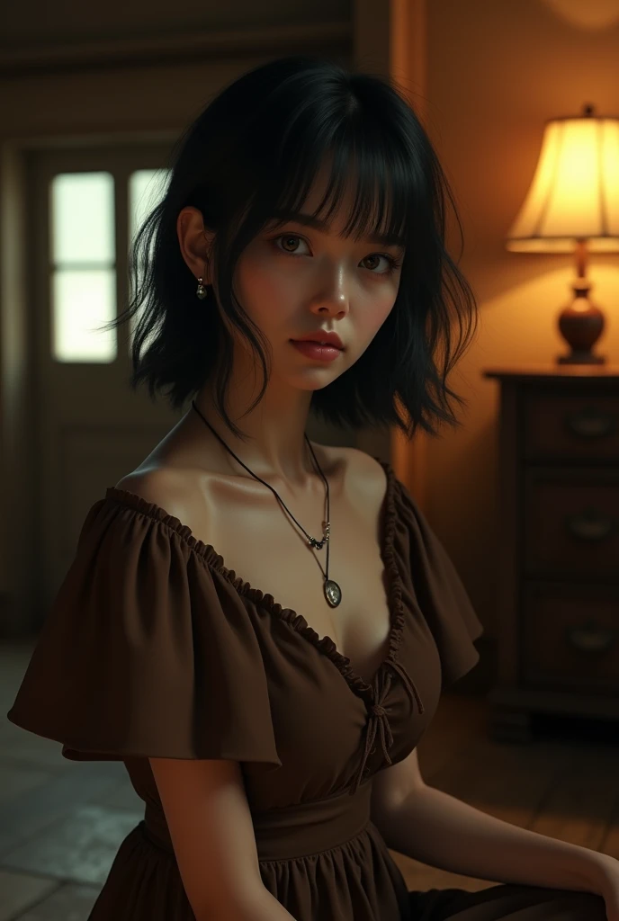 (Highest quality:1.4)，(masterpiece:1.4)，(Realistic:1.4)，(Realistic:1.2)，(超High resolution， RAW Photos:1.4)，(High resolution， Very detailed:1.2)，(8k:1.2)，View your audience，Cinematography，One person，skeletally correct，Black-haired woman，Woman in her early 20s，(Small earrings，necklace，Brown cape collar dress)，（Inside the Western-style building，Dimly lit room，The lamplight shines on my cheeks，Kneel）