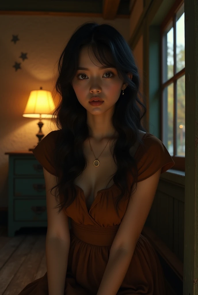 (Highest quality:1.4),(masterpiece:1.4),(Realistic:1.4),(Realistic:1.2),(超High resolution, RAW Photos:1.4),(High resolution, Very detailed:1.2),(8k:1.2),View your audience,Cinematography,One person,skeletally correct,Black-haired woman,Woman in her early 20s,(Small earrings,necklace,Brown cape collar dress),(Inside the Western-style building,Dimly lit room,The lamplight shines on my cheeks,Kneel)