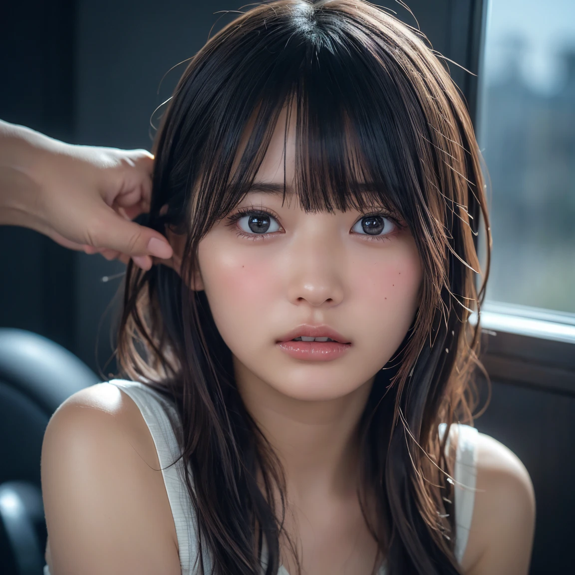((Upper Body:1.3)).Blown by the long wind [Blue-black:.3] hair,Looking at the audience, (Tabletop:1.3), (8k, Realistic, RAW Photos, Highest quality: 1.4), Japanese, (1 person), Beautiful Face, (Realistic face),{Wavy medium hair|Front hair long bob|short hair with long bangs}{Black hair|Brown hair|Blonde hair}, Beautiful hairstyle, Realistic eyes, Beautiful and beautiful eyes, (Realistic skin), Beautiful Skin, charm, Ultra-high resolution, Surreal, Very detailed, Golden Ratio,Female student peeing in the toilet、shame(blush:1.3),Upper Bodyは裸、Protruding nipples