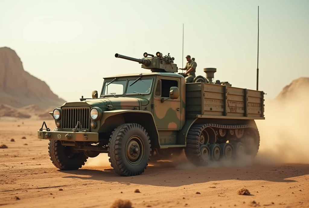 WWII US Army Half-track、Shallow depth of field、(masterpiece:1.3) (最high quality:1.2) (high quality:1.1)、Cinematic Light, ((Cinema Lighting),(Natural light),(High level of artistry),(artistic),(Genuineと見分けがつかない品質),RAW Photos,Genuine,Genuine,High resolution,RAW Photos,masterpiece, beautiful,Anti-aircraft gun mounted on a carrier.Lightly Armed, Light Armor, Military Vehicles, Military weapons, Military equipment, Camouflage,desert、caterpillar、crawler track、