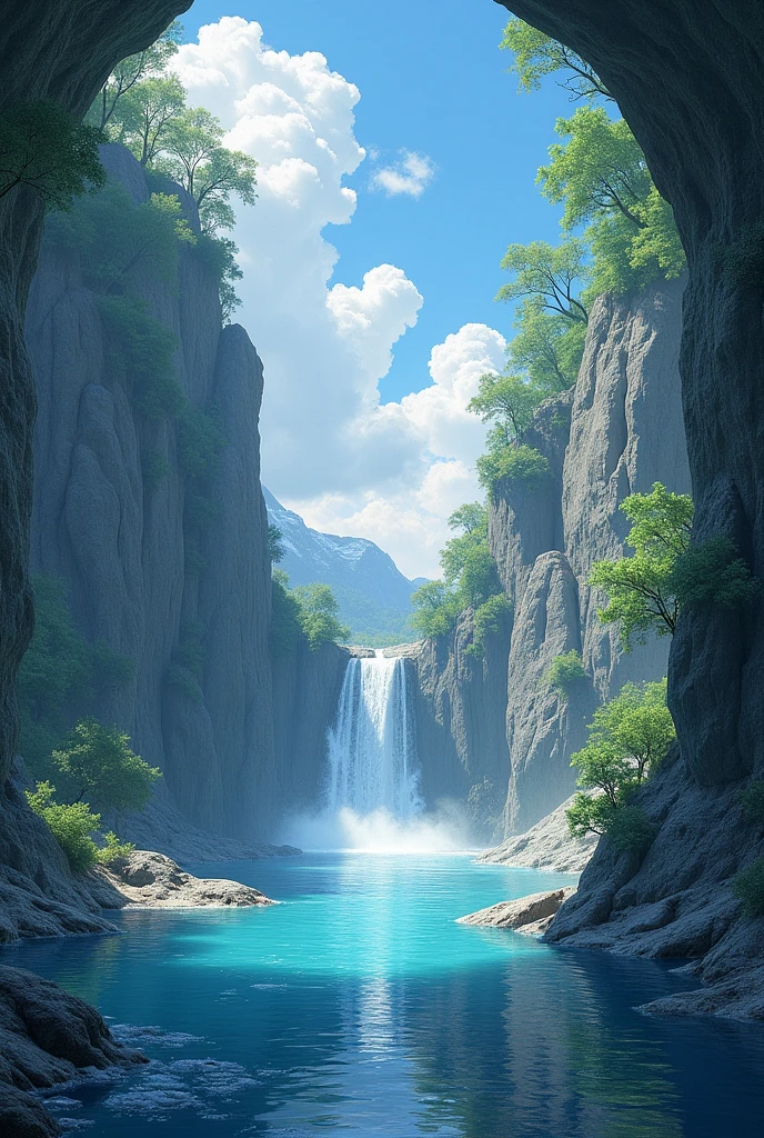 A realistic opening of a cave with waterfall and clouds and ice and trees forest
