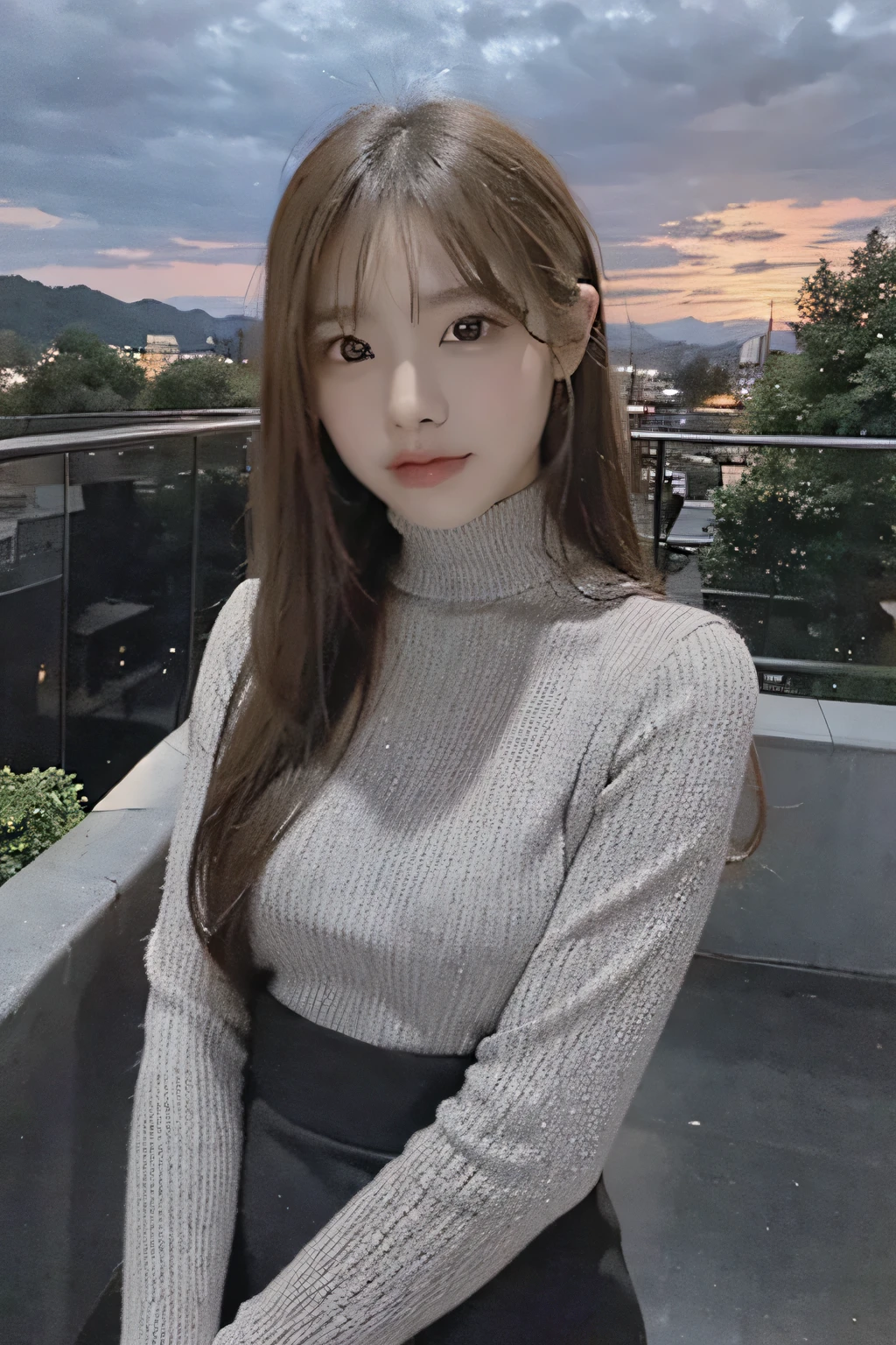 Photo of an attractive woman at an outdoor music festival, with long dark hair, wearing a silver dress with a turtleneck top, standing on a balcony overlooking a grassy field, against a dusk sky. The image was posted to Snapchat, capturing a candid moment in real life. --ar 3:4