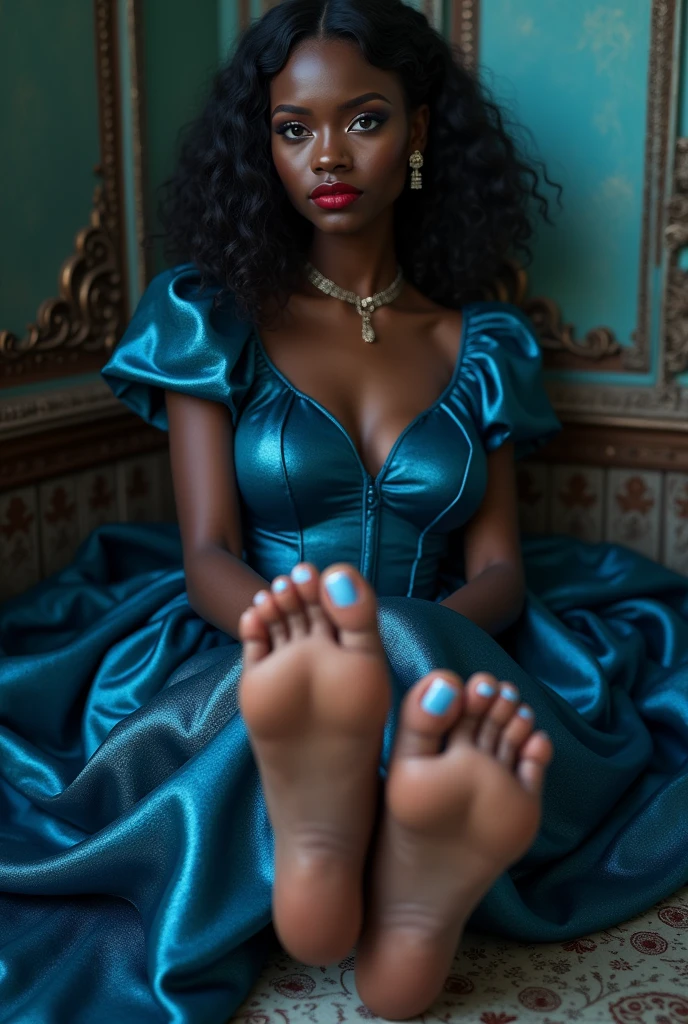 Really dark skinned 1 girl Really dark skinned 19 Really dark skinned 19 Big breasts Thin waist Blue eyes Blue eyes Blue eyes Really blue eyes Really blue eyes curly hair Turned up nose Red lipstick Wearing a metallic blue Victorian dress
Focusing on the foot from below, beautiful feet, white toenails