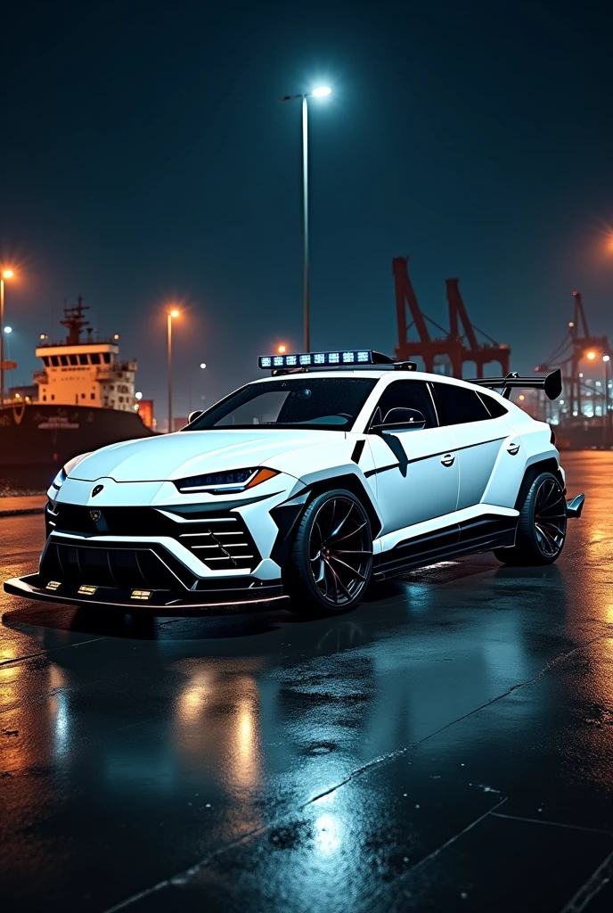 Lamborghini urus fully modified in White colour near the ship port in night with gog