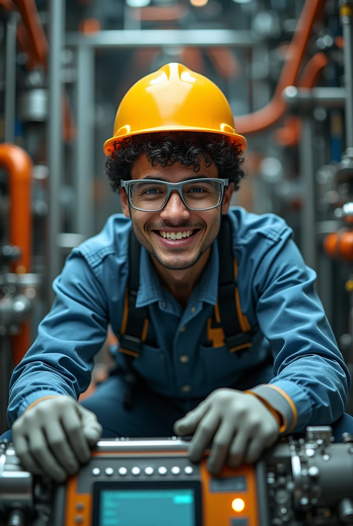 photo of a thin male electrical engineer with short curvy black hair without a beard and mustache wearing complete safety clothing and safety gloves smiling broadly while working in front of a human machine interface for electrical power research with a background of active nuclear fusion, the photo was taken from directly above and highlights the face down to the feet