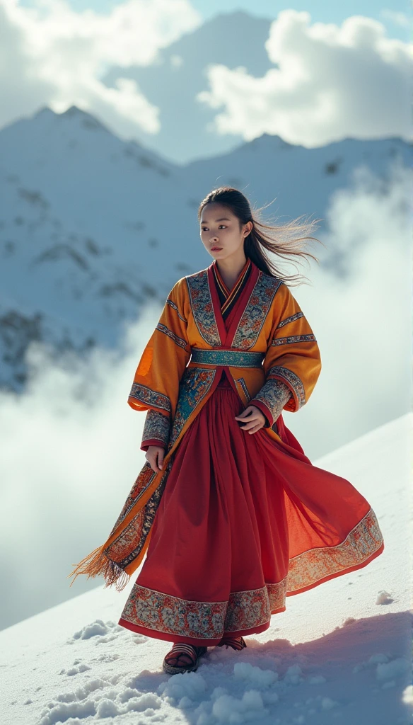 Tibetten cute girl, Tibetan snow ， 2000，White smoke， Full of movement，hasselblad， National Geographic photo， Semi-body shot, high-quality photo，Full body photo，Lower body，Wearing shoes，20-year-old Tibetan girl，Wearing shoes，Wearing shoes，Tibetan costumes，Tibetan clothes.