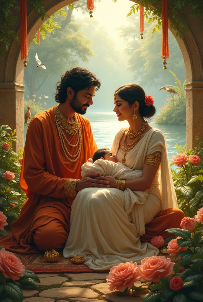 Indian queen just gave birth to a baby boy in a garden with lake flowers animals birds... Nearby her is her husband and servants