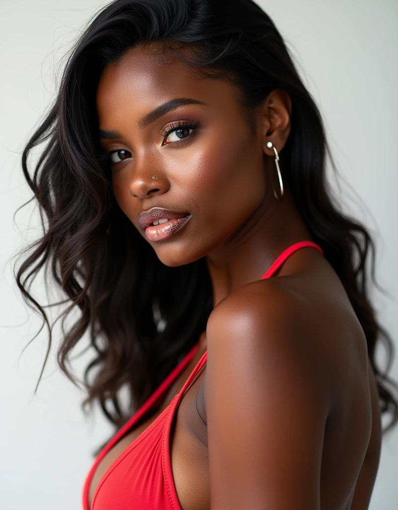 Beautiful black skin model, wearing bikini, sexy pose, portrait, close up shot, make up, lip gloss, studio shoot, plain white background 