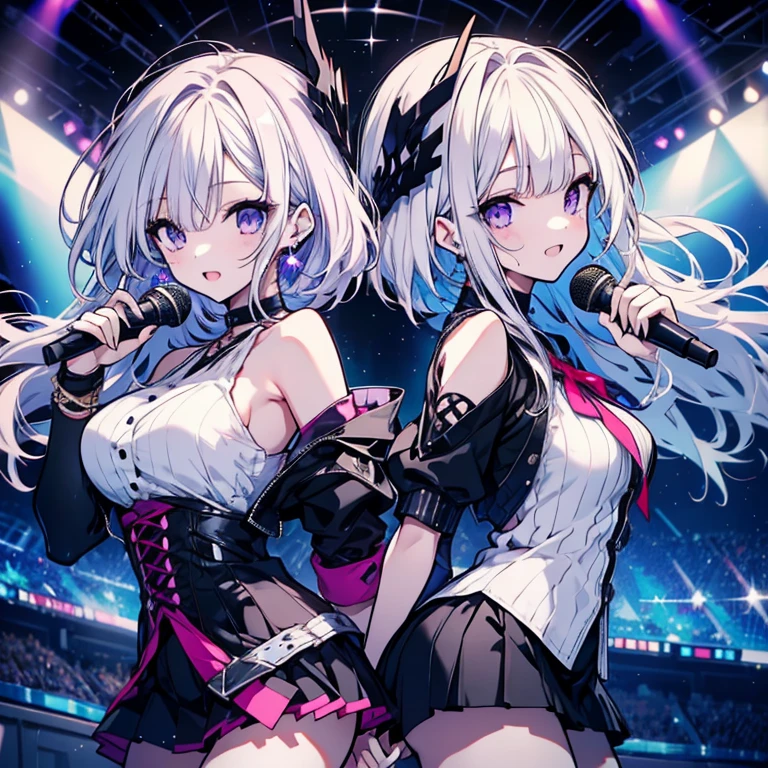 2 people、Mature、Ample breasts、Long Hair、White hair、Purple Hair、Idol Group、2 people組み、Diva、Open Mouth、sing、Back to Back、Turn your backs on each other、Live Stage、Black costume、Shoulder Bare、Miniskirt、choker、Earrings、bracelet、Hold the microphone、Starry Sky、Galaxy Knight、Spotlight、smile、cool、High resolution、Highest quality