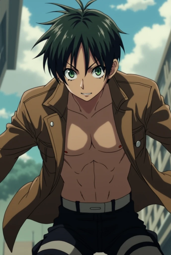Attack on titan screencap of a male. his eyes are green and his hair is Black and tied in a messy bun at the back of his head. Scenery is -. He is wearing -. (Black pants and a jacket that is open and he is shirtless underneath.) Season 4 MAPPA studio screencap