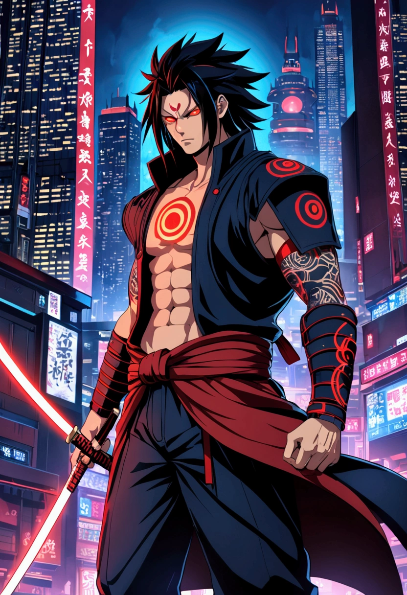 Madara Uchiha is re-imagined as a neo-samurai warrior, his body muscular and wearing high-tech samurai armor that glows with neon red accents. Her iconic hair is long, but with metal strands intertwined, giving a futuristic impression. Ancient dragon symbol tattoos glowed faintly on his chest and arms. Luffy's eyes are sharp and focused, reflecting the wisdom and strength of a seasoned warrior. In his hand, he held a shining energy katana, with energy swirling around it. The background is a cyberpunk cityscape with towering skyscrapers and floating kanji symbols, combining traditional Japanese elements with a futuristic atmosphere. The color palette is dominated by navy, black and neon highlights, creating a strong and modern warrior aesthetic."