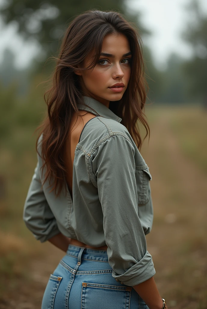 selfie, clin d'œil, jolie femme au visage de bébé, expression attrayante et séduisante, Timide, Cheveux brun, front, se maquiller, yeux bruns, proportion corporelle superlative, , portant une chemise , pantalon jean moulant, Bottes d'ingénieur, Artistique, Hyper, art numérique graphique pas trop TATOUE ou on la voit en entier dans la nature de dos
