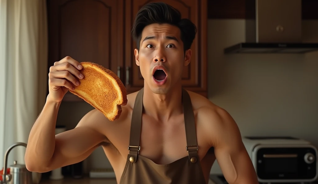 Realistic, Highest quality, masterpiece, Very detailed, sexy, homosexual, Very handsome, 20 year old Muscular vietnamese man, Muscular, (Surprised expression), Wearing only an apron, In the kitchen, Toast pops out of the toaster, He catches the bread in mid-air, Very romantic atmosphere, perfectionな顔, perfectionな指, perfectionな手, perfection、Two people