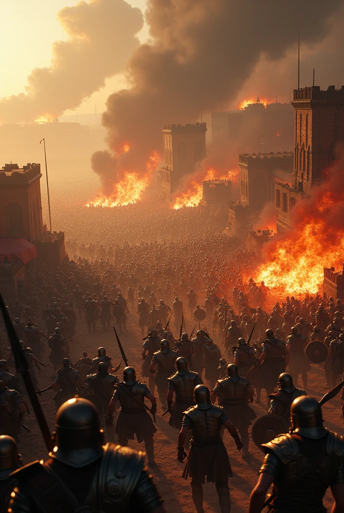 War of troy, fire everywhere, hundreds of fighter fighting, top view