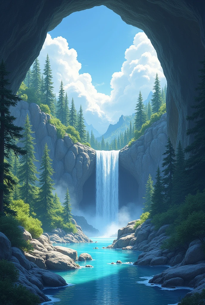 A realistic opening of a cave with waterfall and clouds and ice and trees forest