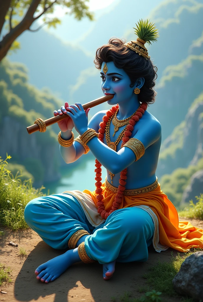 Generate a photo of 20 years old shree krishan
Sitting on the planet earth and play flute