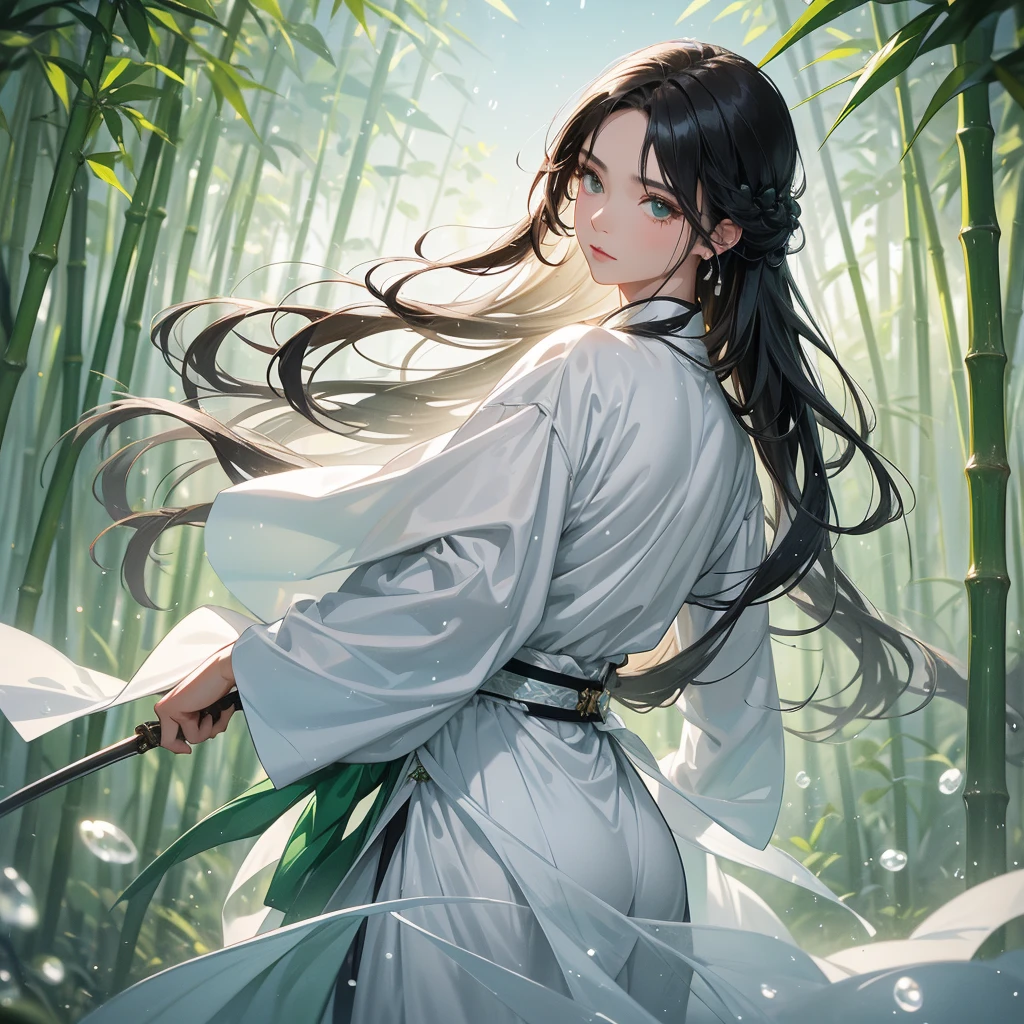 A Handsome black-hair male holding a large sword in white hanfu dress, close up.
The back is a lush green bamboo forest. The air after rain has water droplets splashing around.