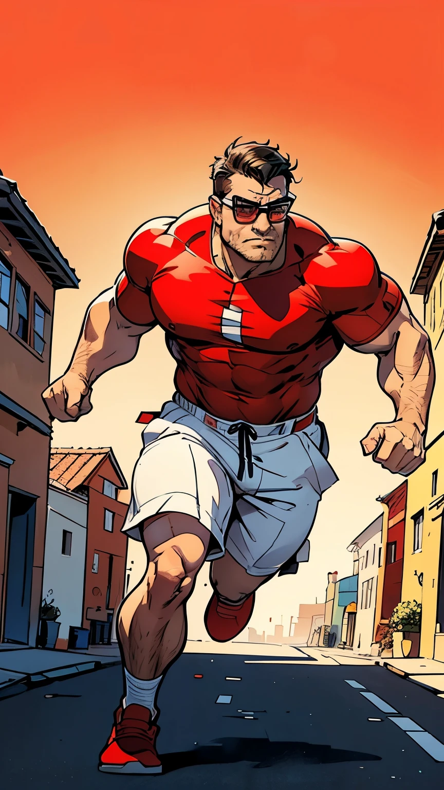 DClark, D_Clark, a sketch of a strong man, 25yo, with glasses, red shoes, drawn on paper with a colors pens, running in the street, houses in background, simple lines, poor drawing, light background, cartoon style, caricature, simple lines, simple drawing, colored pencil