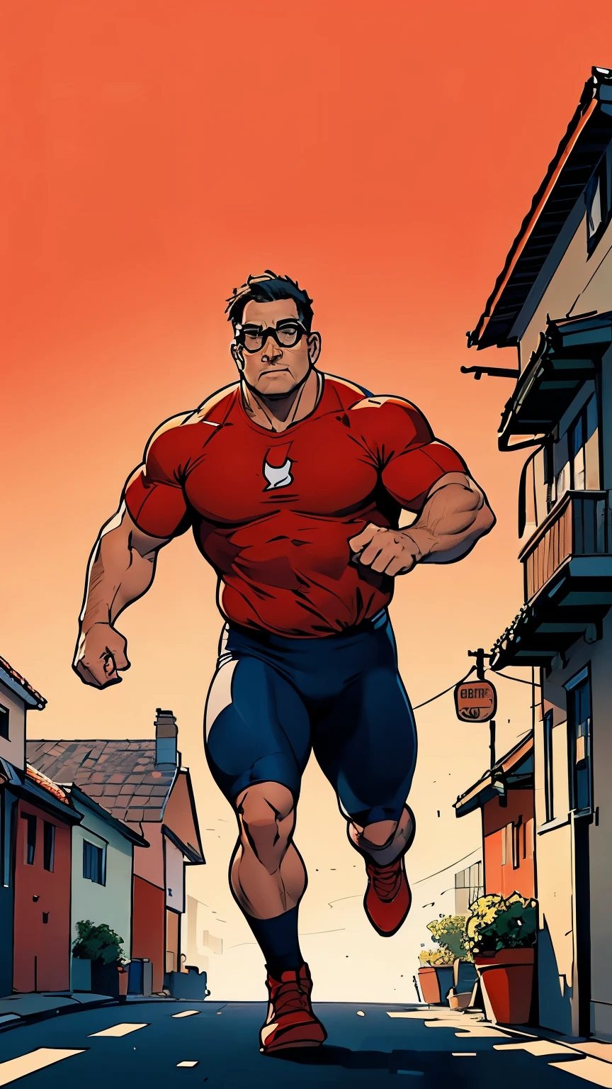 DClark, D_Clark, a sketch of a strong man, 25yo, with glasses, red shoes, drawn on paper with a colors pens, running in the street, houses in background, simple lines, poor drawing, light background, cartoon style, caricature, simple lines, simple drawing, colored pencil