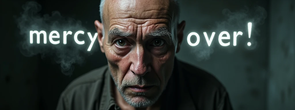 A photorealistic image captures the intense gaze of an elderly, bald man with a beard, whose eyes are filled with deep sadness and anger. His eyes are dark and piercing, slightly bloodshot with traces of recent tears still visible on his flushed, weathered cheeks. The expression on his face conveys a raw, powerful emotion, as if he is on the brink of breaking, yet holds a fierce resolve. Bright lights backlight the scene, highlighting the contours of his face and creating a stark contrast against the darker background.
Suspended in the air between his eyes and the viewer, a translucent, almost ghostly message reads exactly: "Mercy is over!" The text appears as if it's floating, blurred at the edges, with the letters formed from a faint mist or dark smoke that lingers in the space. The smoky words are readable, though not overly bright, hovering just in front of his gaze, creating a surreal yet powerful effect.
The lighting is soft and diffuse, casting subtle shadows that accentuate the lines of his face and the intensity of his expression. The background is dark and out of focus, ensuring that all attention remains on his face and the ominous message suspended before him. The overall tone of the image is haunting, with the ethereal text adding a layer of depth to the man's emotion, making the scene both unsettling and deeply evocative.