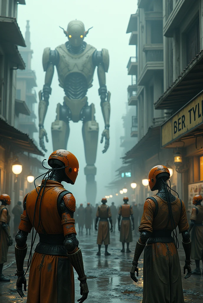 Cyber foggy style destopik street population robots humanoids old destroyed orange creepy metallic fringed with cables from their faces, talking to each other, destopyc cyberpunk street with other robots in the street their orange masks are orange and grunge and their eyes are lights,foggy street with some light spots, realistic sizes,very sad robots dressed like human poors in front of an old shop exposing old televisions they must be seen by back and are looking in front of the vitrine by back,in background a crowded very big building futuristic and sad with gigantic tower robots controling population with lighted eyes and cables from their bodies