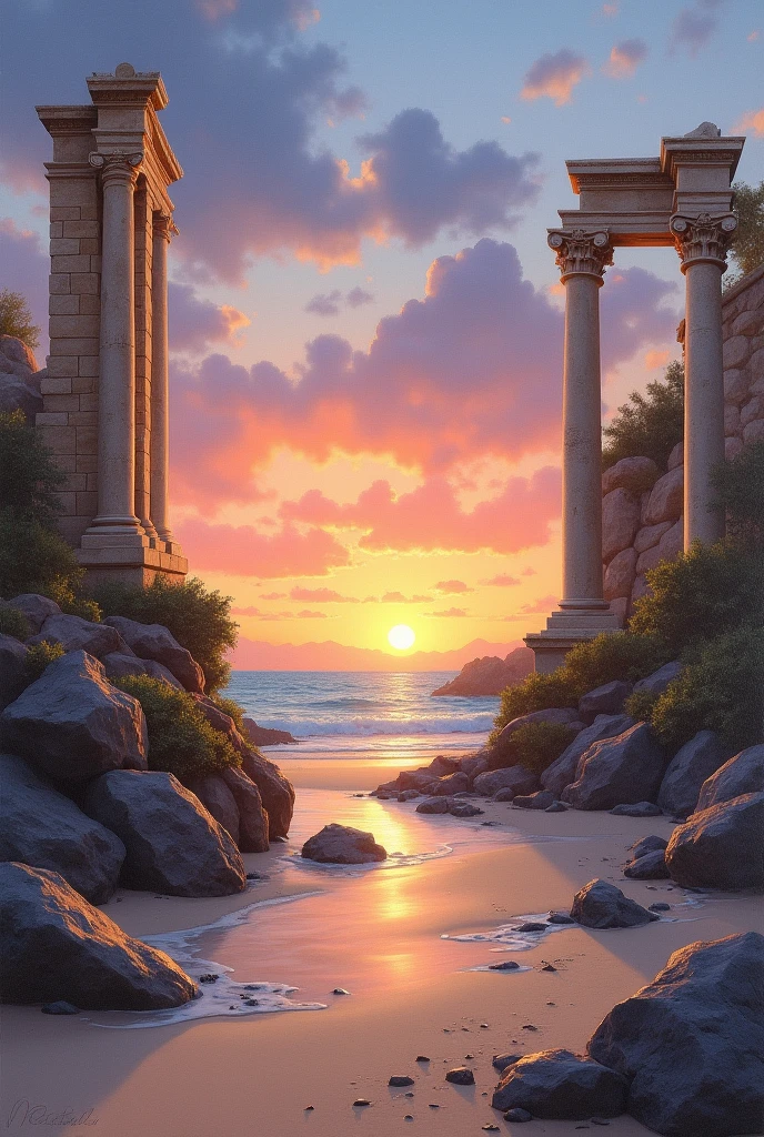 a simple but beautiful painting, beach sunset, with roman architecture, no people, only scenery, not too much color blending