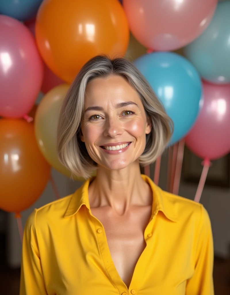 Realistic, beautiful senior woman short bob hair 50 years, wearing yellow shirt, thin smile, balloons on the background, birthday party atmosphere 