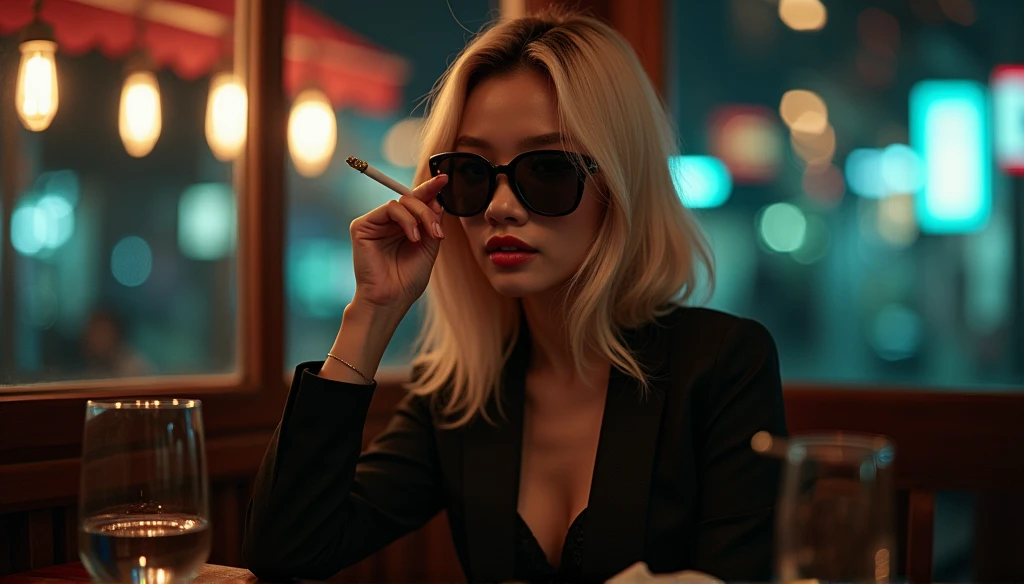 Beautiful blonde Asian girl sitting in a restaurant at night, Visible from the window, Perfect Face, sunglasses, Smoking white Taylormade cigarettes, Neon Black, (Backlit: 1.1), Hard Shadows, masterpiece, Highest quality, Complex, Model shooting style, Vintage, Film Grain, Incomplete details,Ghibli-style illustrations