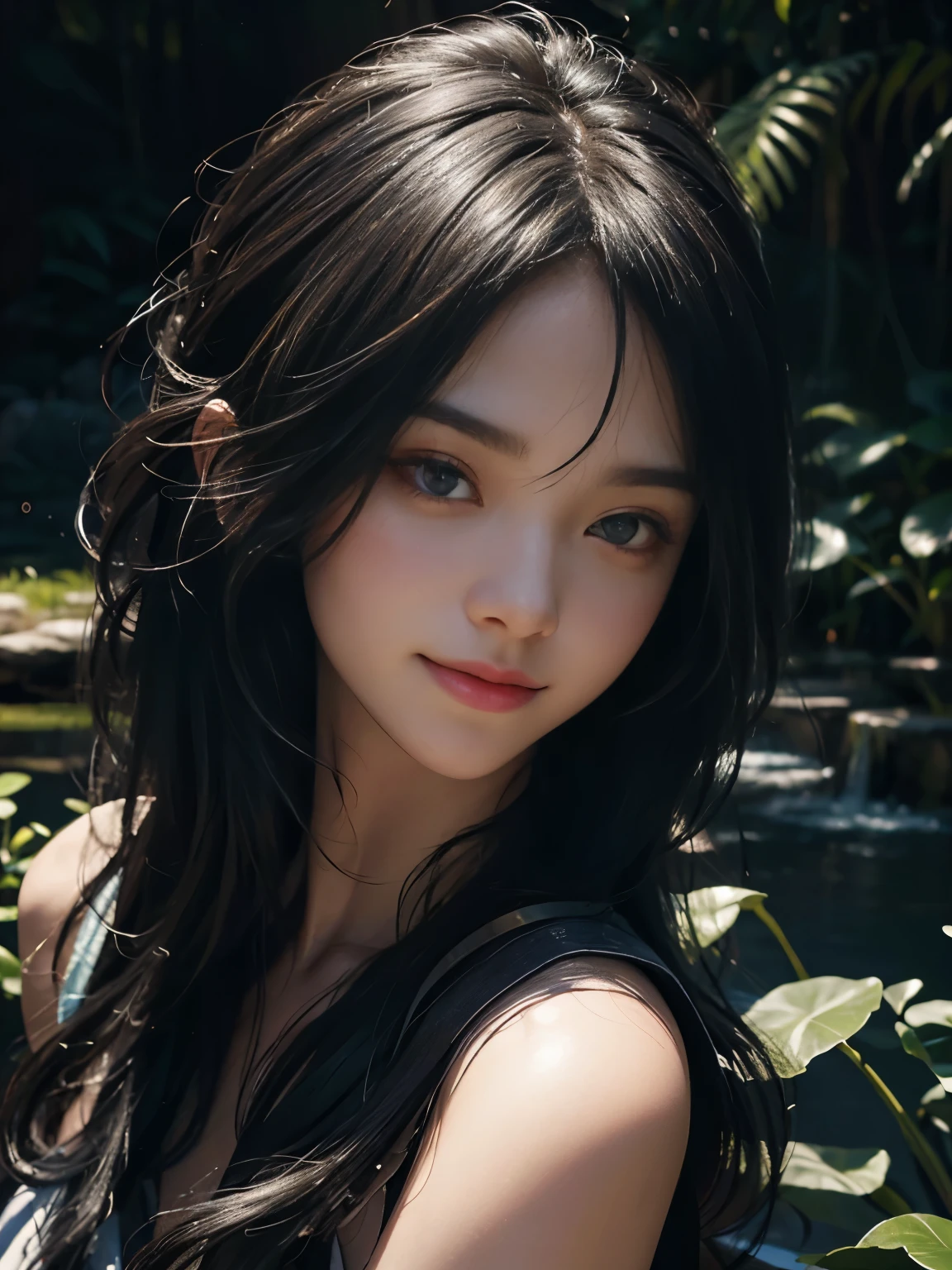 (ultra realistic) , (illustration), (increase resolution), (8K), (extremely detailed), (best illustration), (beautiful detailed eyes), (best quality), (ultra-detailed), (masterpiece), (wallpaper), (detailed face), 1 girl, black straight hair, slender body, delicate details, in the dark, deep shadow, low key, pureerosfaceace_v1, happy smile, summer dress, waterfall, rainforest