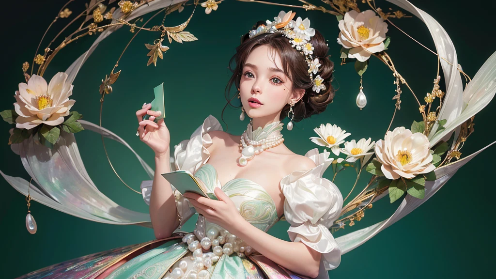32K, 最高quality, 最高masterpiece, (ultra-Detailed Background, Detailed Background), High resolution, Super detailed, Very detailedな, 1 personの, (bouquet:1.3), (Tangled:1.2), (Geometric:1.2),(colorful),(masterpiece, quality, best quality, Official Art, Beautiful and beautiful:1.2), (1 person:1.3), Very detailed,(colorful:1.1)(Flowers:1.3),Most detailed,(Tangled:1.2), whole body, (Abstract background:1.3), (Skin glows), (Many colors:1.4), ,(Earrings Pearl:1.5), Light green background, It's imaginative., Brunette Hair, Updo, Holding a book, Holding a pen, Satin shirt