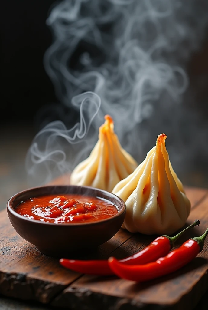 Advertisement banner for momos and red chilli sous with smoke and hd with very very tasty fonts in picture