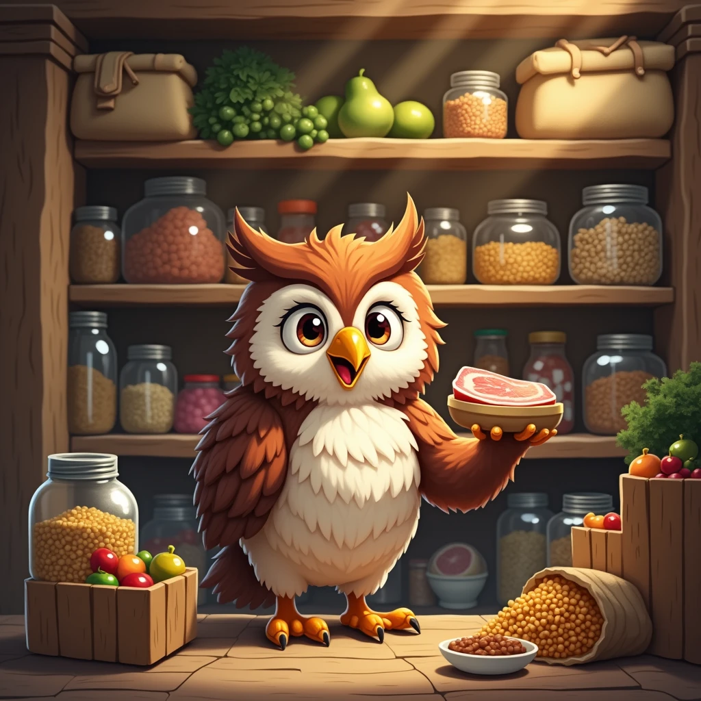 A cheerful and sweaty owl girl puts supplies in a large pantry, sacks of grain on the shelves, meat, fish, canned food, vegetables