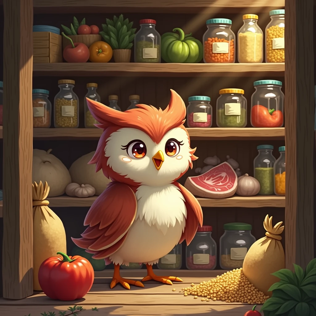 A cheerful and sweaty owl girl puts supplies in a large pantry, sacks of grain on the shelves, meat, fish, canned food, vegetables
