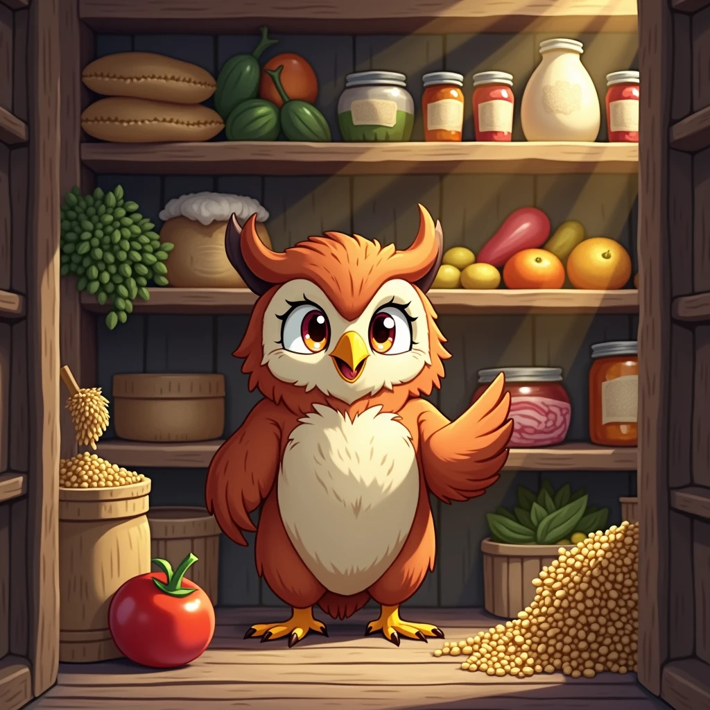 A cheerful and sweaty owl girl puts supplies in a large pantry, sacks of grain on the shelves, meat, fish, canned food, vegetables