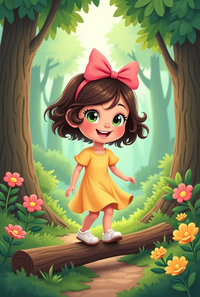 Character: Ellie, a girl Appearance: Ellie has short, curly brown hair with a pink bow on the side, large curious green eyes, a round face with freckles, and a joyful smile. She wears a light yellow dress with puffed sleeves and white shoes. A cartoon vector illustration of Ellie walking along a winding path in the forest, surrounded by tall trees and vibrant flowers, in a 2.5D style. Ellie is carefully stepping over a log, with a determined expression on her face.