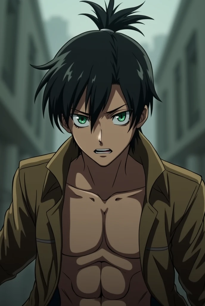 Attack on titan screencap of a male. His eyes are green and his hair is Black and tied in a messy man bun at the back of his head. Scenery is -. He is wearing -. (Black pants and a jacket that is open and he is shirtless underneath.) Season 4 MAPPA studio screencap