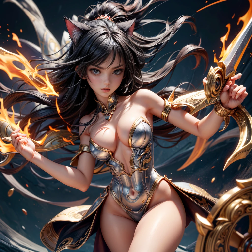 European Style、Fantasy Illustration、masterpiece: 1.2、Highest quality、High resolution、16K、Beautiful details、Ultra-realistic、Photorealistic: 1.37、Wield a powerful sword、A young man surrounded by swirling flames、A powerful figure that embodies the fierce and determined warrior spirit、Cat ear、銀hair、3DCG、(3D Rendering)、Attractive body、Energetic、Large Breasts、誘惑的な笑face、Moving lines、Moisturized Skin、(青いeye)、Realistic body、(Adult female body)、Attractive breasts、Delicate and beautiful(hair、face、eye、pupil、Sickle)、Full body wide view、Dynamic pose。