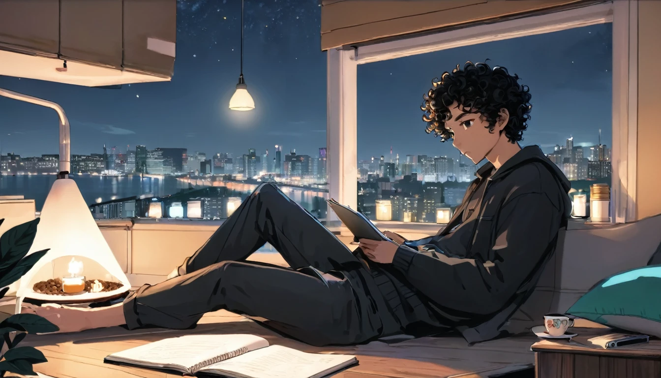 Lofi, Man, tan skin, Black curly hair, Comfy, Notebook, Coffe, Night, Relax, Room, HD, High Resolution, Masterpiece, 4K