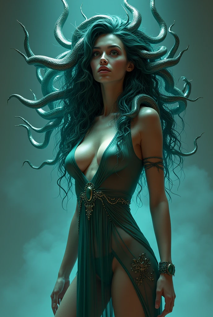 Full body, masterpiece body, Full body, Ful body view , full pose , ((best quality)), ((masterpiece)), ((realistic)), Medusa, full miracle body, the hair is composed of countless snakes, red snake hair, snakes have a shiny eyes, multicolored hair, miracle pretty female face, medium breast,tall body, seductive body, metal carved top, royal aura, trend on artstation , sharp focus, studio photo, intricate detail, very detailed, detailed eye, illustration, very detailed, sharp focus, digital render, professional, 4K, Detailed, Realistic, 4k highly detailed digital art,octane render, bioluminescent, resolution concept art, realism,by Mappa studios,masterpiece,best quality,official art,illustration,ligne claire,(cool_color),perfect composition,absurdres, fantasy, focused, rule of third, fit body , belly muscle, 75D breast , miracle scenery , atrctive face , miracle face, Organza transparent clothers,