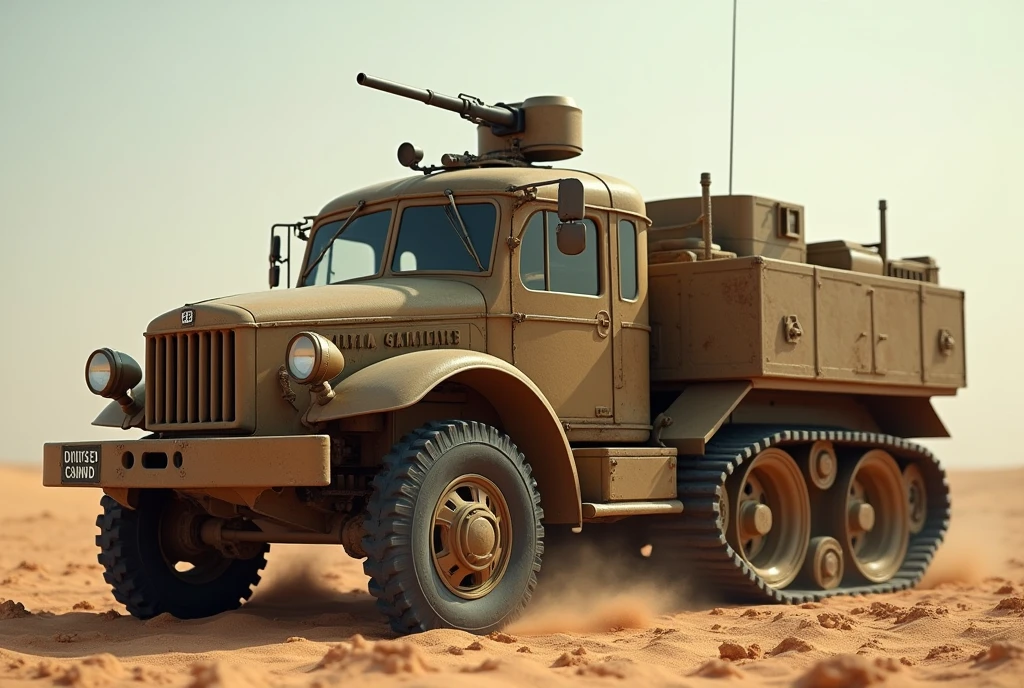 WWII British Half-Track、Shallow depth of field、(masterpiece:1.3) (最high quality:1.2) (high quality:1.1)、Cinematic Light, ((Cinema Lighting),(Natural light),(High level of artistry),(artistic),(Genuineと見分けがつかない品質),RAW Photos,Genuine,Genuine,High resolution,RAW Photos,masterpiece, beautiful,Anti-aircraft gun mounted on a carrier.Lightly Armed, Light Armor, Military Vehicles, Military weapons, Military equipment, Camouflage,desert、caterpillar、crawler track、