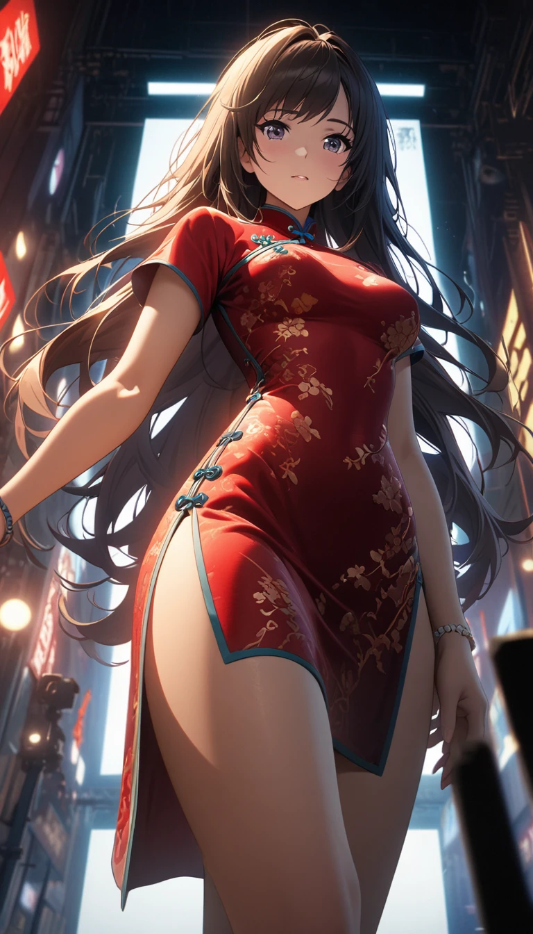 Cheongsam Girl，Long Hair，Pure white background，Depth of written boundary，Low angle view，Calf Level View，Overclocked Renderer，Cinema Lighting，Ultra-fine，Very detailed，complicated，Cinematic Perspective，CG Art，Side zipper